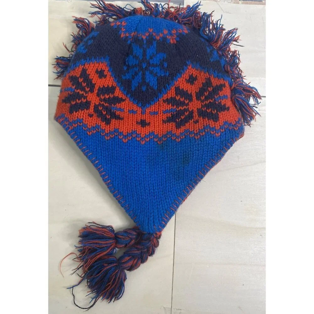 Vintage LL Bean Boys Aztec Tassel Beanie Fleece Lined Boho Southwest Winter Hat